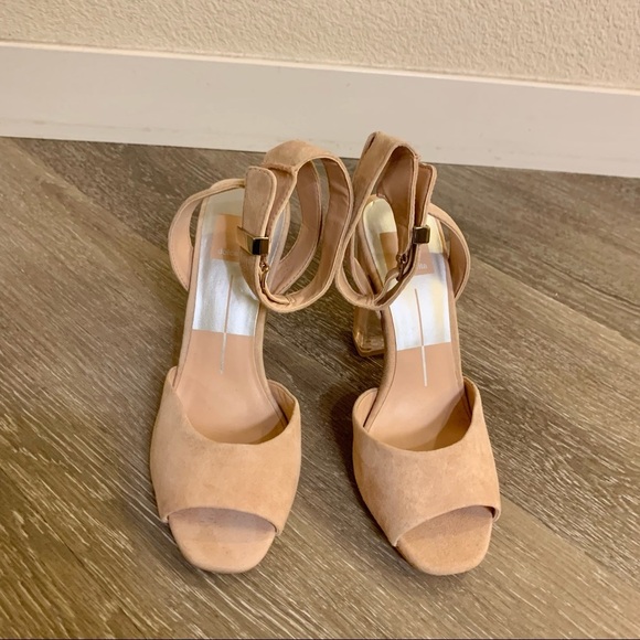 Dolce Vita Peach Nude Genuine Suede Leather Acrylic Clear Lucite Heel Sandals - Picture 7 of 12